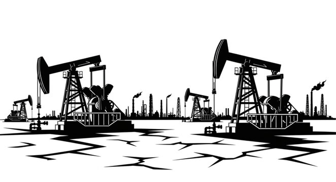 Oil pump jacks and industrial landscape with cracked earth.