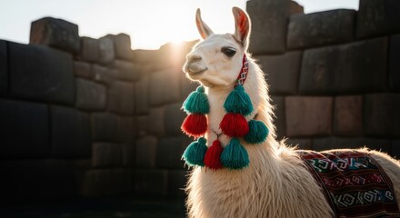 Fototapeta premium Inti Raymi preparation, A majestic white llama adorned with bright turquoise and red wool tassels standing against a backdrop of megalithic Inca masonry