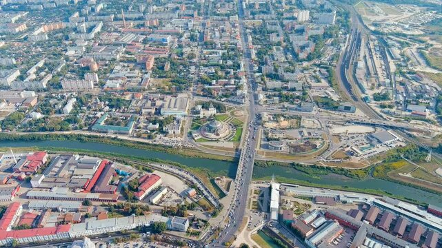 Tula, Russia. Zarechensky bridge. General panorama of the city from the air. Drone footage