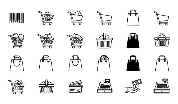 Shopping Cart and Bag Icons Collection Vector in Black and White for E-Commerce and UI Design