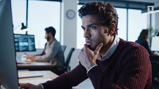 Thoughtful Man Working at Computer in Open Office - A young man is working at a computer in an open office, looking thoughtful and focused.