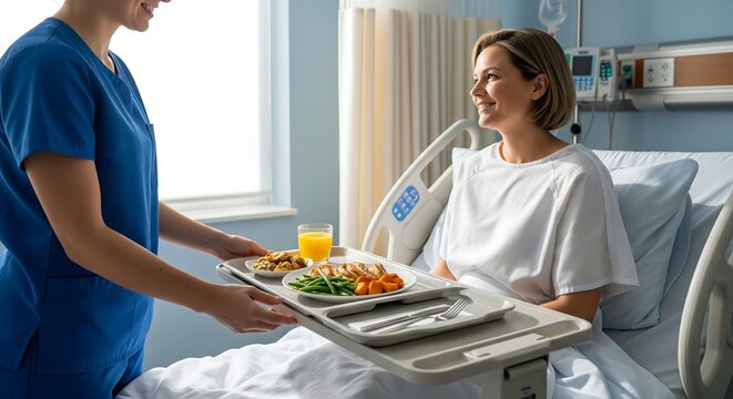 A smiling nurse in blue scrubs delivers a meal tray to a happy female patient in a hospital bed.