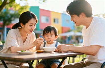 Obraz premium Young Family Enjoying Outdoor Meal Together