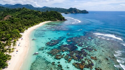Fototapeta premium Aerial view of a serene beach with turquoise water, rocky shoreline, and lush greenery