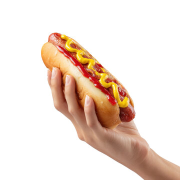 Hand Holding a Hot Dog with Mustard and Ketchup