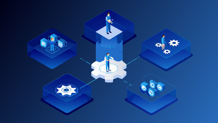 Naklejka premium Isometric illustration depicting business growth technology and interconnected concepts