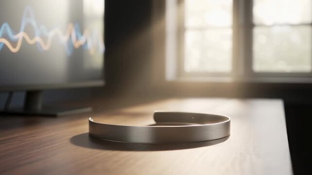 A modern audio device is shown on a desk with light rays shining on it