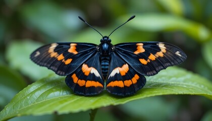 Fototapeta premium A black butterfly with orange spots on its wings