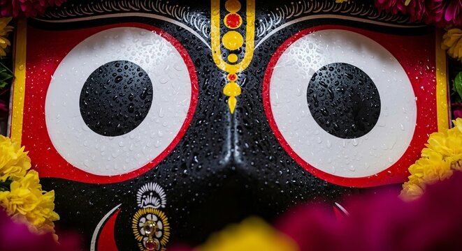 Jagannath Deva Snana Purnima, close-up focusing on the iconic large round eyes of Lord Jagannath