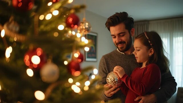 Couple and son holding decoration ball standing by christmas tree at home.