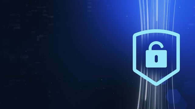 4K Tech Blue Cyber Insecurity Background. Unlocked Shield Icon with Glowing Data Flow and Copy Space.