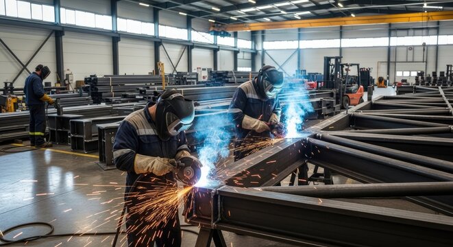 Two welders are intensely focused on cutting and welding a large steel frame in a spacious industrial setting. Sparks fly as they operate power tools, demonstrating a skilled metalworking process.