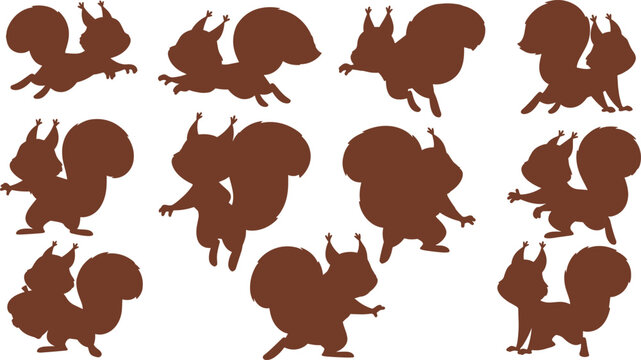 Cartoon squirrel silhouette pose set. Playful woodland squirrel characters vector collection. Cute squirrels jumping, dancing and standing in different poses.