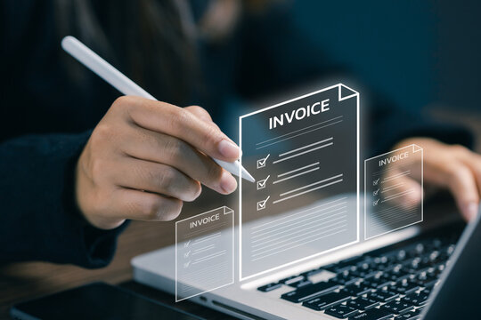 Digital invoice and billing system concept on laptop, financial document management, payment processing and accounting workflow automation.