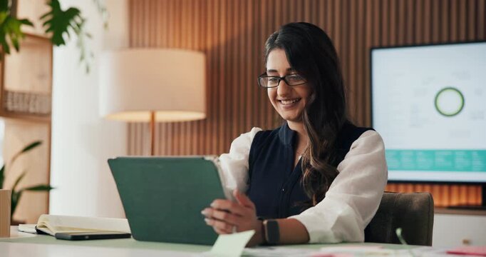 Businesswoman, glasses and happy with laptop, office and financial forecasting on website and review. Business analyst, eyewear and person with tech for investment proposal, laughing and reading