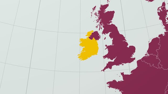 Ireland map. Animated zoom into the country on the Globe in Pale Mint Dark Pink color palette. Country logo animation with round text and airplanes. Map with meridians, parallels. Appealing video.