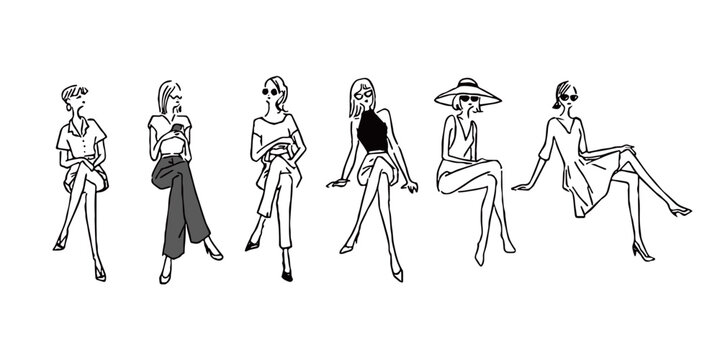 手書き風のファッショナブルな女性イラスト 座りポーズ 7種類セット（モノクロ）ベクター素材