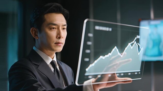 A business professional studies financial graphs displayed on a transparent screen in a modern office setting. This clip offers insights into corporate analysis and digital technology use