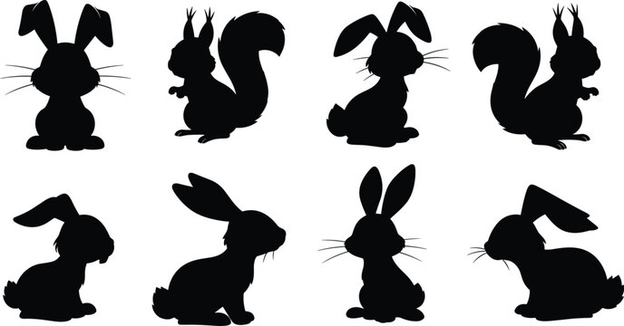 Cute bunny silhouette set. Cartoon rabbit character vector collection. Black isolated bunny poses sitting, standing and side view.