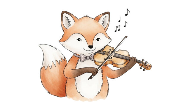 A cute fox plays a violin musically outdoors happily alone.