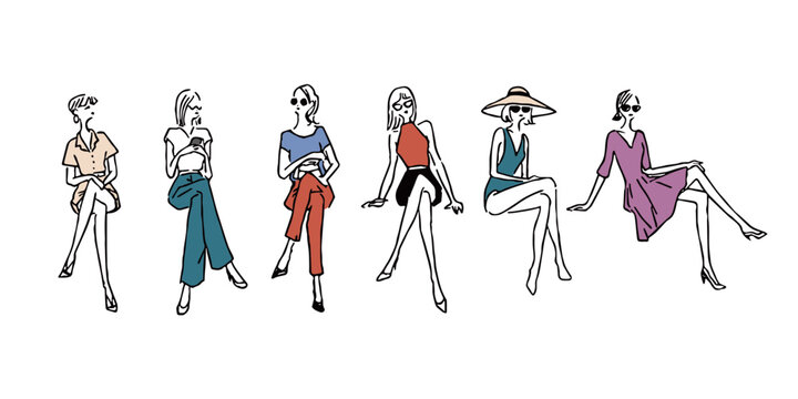 手書き風のファッショナブルな女性イラスト 座りポーズ 7種類セット（カラー）ベクター素材