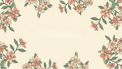 A floral pattern features peach flowers and green leaves on cream background © Stock Image Paradise