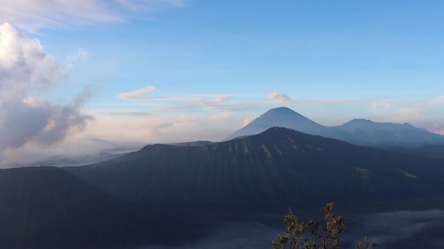 Wide shot of Mount Semeru and Mount Batok , East Java Indonesia