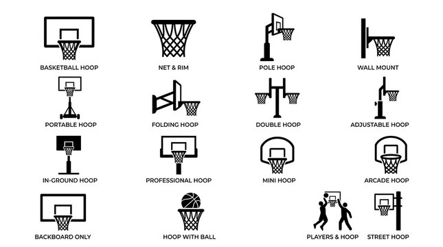 Basketball Hoops and Equipment Icons.