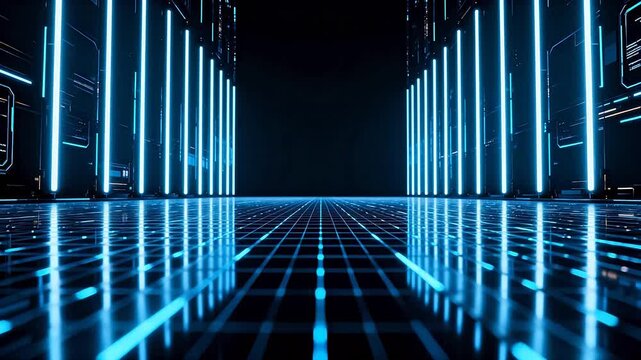 Futuristic corridor with glowing blue lights