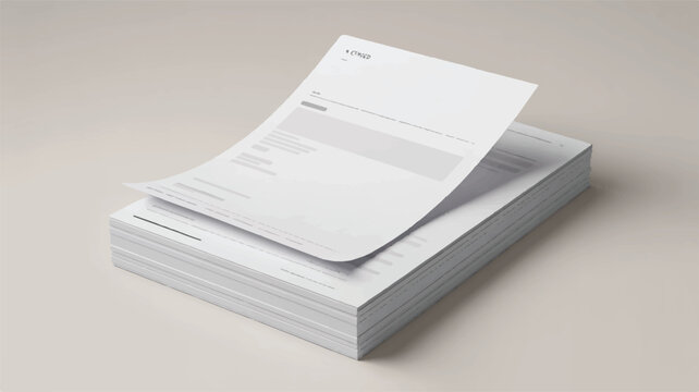 Stack of blank white paper documents, with one page fluttering, clean studio lighting
