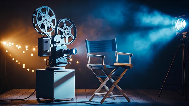Film production concept with vintage movie camera director chair and studio lights on stage background