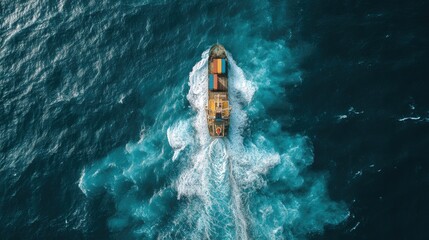 Obraz premium Aerial View of Container Ship Navigating Through Turquoise Waters Leaving a Trail of White Foam in the Open Ocean on Bright Sunny Day