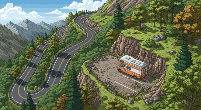 Winding mountain road with camper van parked on cliffside