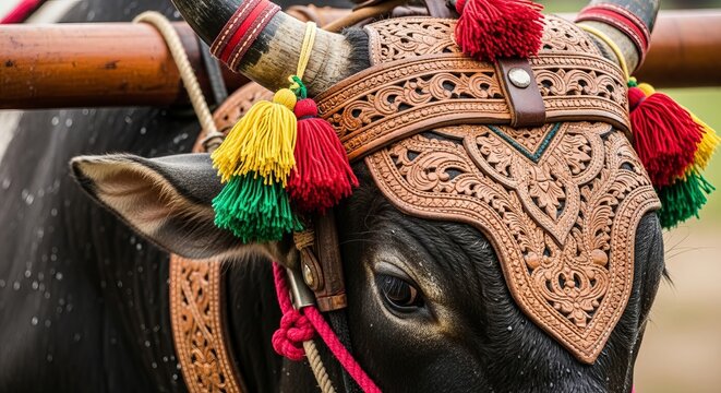 Karapan Sapi, the ornate bull headgear and leather harness, intricate traditional carvings and vibrant tassels