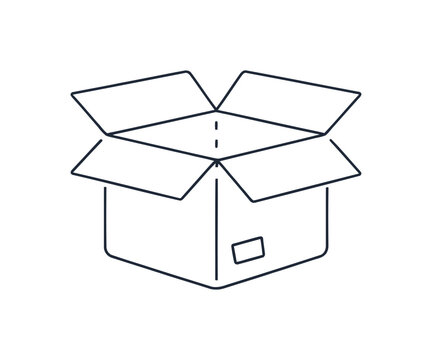 Open cardboard box with flaps up on white background simple line drawing