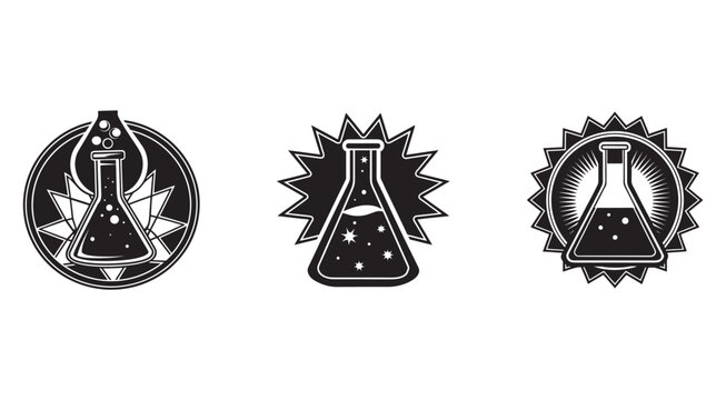 Black and white illustrations of laboratory flasks with starburst designs for science and chemistry concepts  laboratory equipment