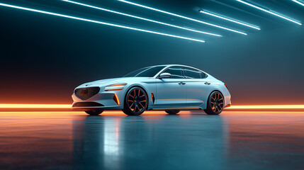 Futuristic white sedan showcased in a stylized studio with dramatic lighting, sleek design, and minimal background, highlighting innovation and modern automotive aesthetics.