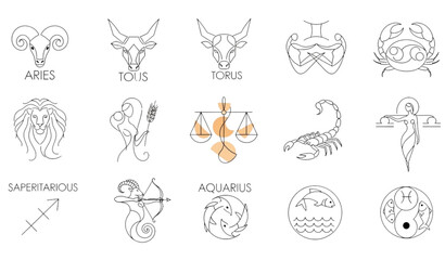 Obraz premium Black and white zodiac symbol icon set astrology t shirt design isolated on transparent background