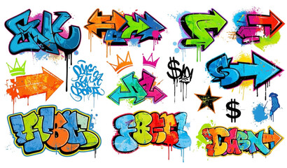 Black and white graffiti element set street art t shirt design isolated on transparent background © Nura