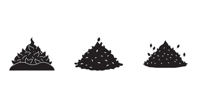 Black silhouette of three piles of leaves in different stages of decomposition on white background