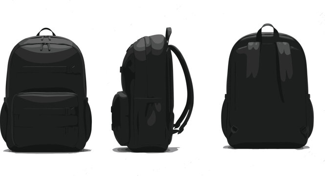 Black tactical backpack vector mockup set featuring front, side, and back views isolated on a white background