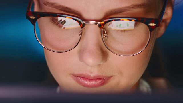 Night, glasses or woman in office with tablet, online report or funding research for budget pitch. Review, specs or financial consultant with tech, investment check or proposal planning on late shift