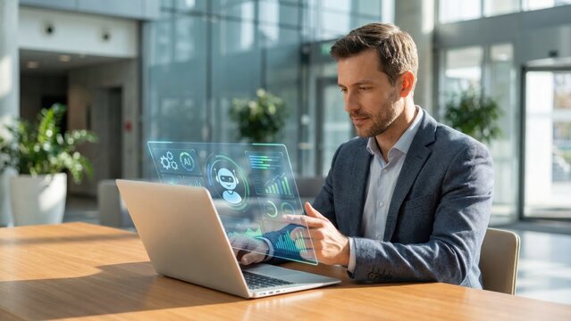 Businessman using AI assistant dashboard on laptop in modern office. Automation concept.