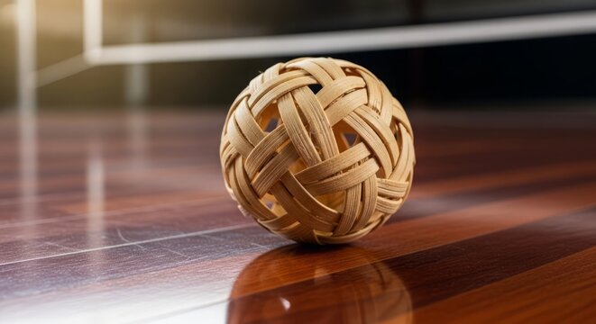 Kick Takraw, close-up of a hand-woven rattan ball resting on a polished mahogany court floor