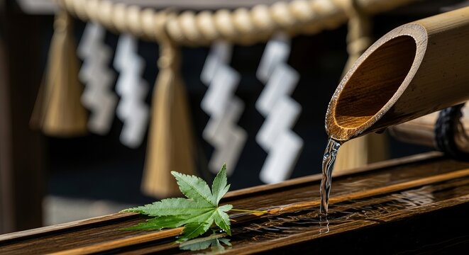 Kifune Shrine Water Festival, a traditional bamboo water pipe (tsukubai) with a single fresh emerald maple leaf resting on the rim
