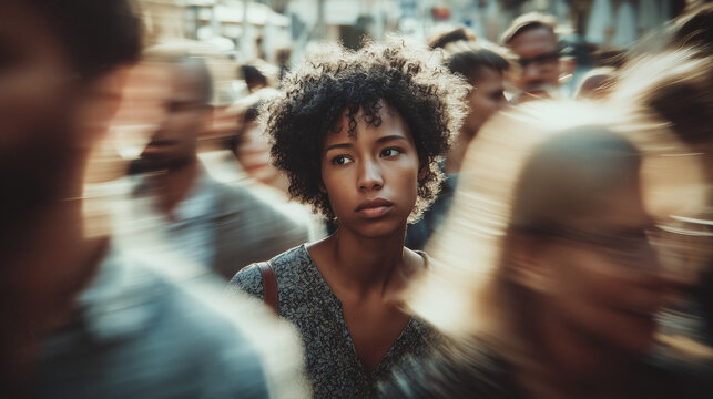 Sad Black woman standing still in a busy crowd, expressing loneliness and emotional isolation while people move past her in a blurred urban scene.