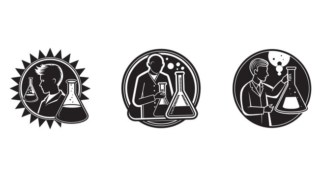 Science laboratory icons with scientists and beakers in black and white  laboratory equipment and scientist profiles in a set of three circular graphics