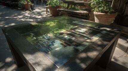 Fototapeta premium Hand-painted ceramic tiles with Parisian streetscape reflection on outdoor cafe table