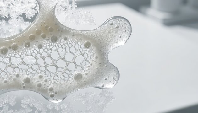 Close up of clear liquid with complex bubbles and crystalline structures