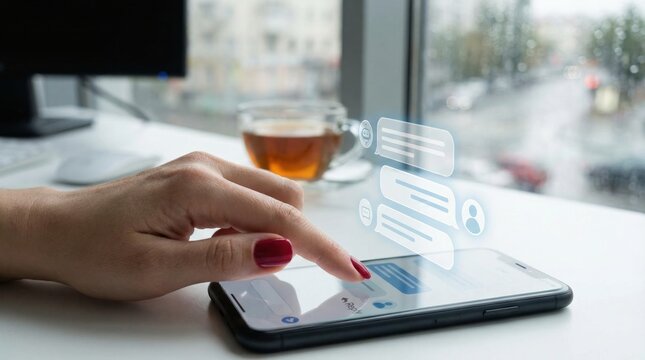 Hand typing chatbot messages on smartphone with reply suggestions. AI automation concept.